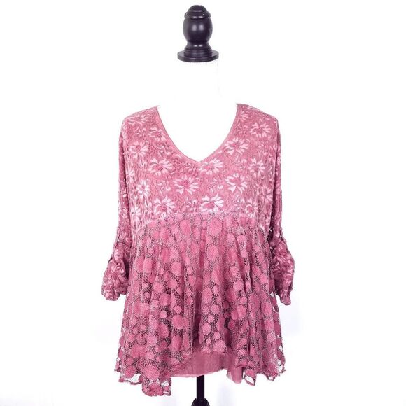 Kaktus Boho Romantic Lace Top With Roll Tab Sleeves Mauve Pink Size Medium - Picture 1 of 5